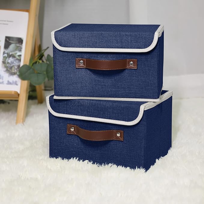 ANMINY 2PCS Storage Bins with Lid PU Leather Handles Storage Boxes PP Plastic Board Decorative Foldable Lidded Cotton Linen Fabric Home Cubes Baskets Closet Organizer Containers - Blue, Small Size-CubbioJoy