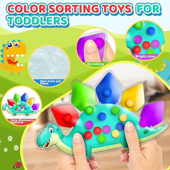 2PC Dinosaur Color Sorting Sensory Toys, Montessori Toys for Toddler Fine Motor Skill Game Learning Activities Quiet Calm Down Fidgets for Classroom Stocking Stuffers for 3 4 5 Year Old Boy Travel Toy-CubbioJoy