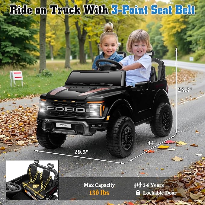 24V Ride on Car Licensed Ford F-150 Raptor, Kids Electric Car with Remote Control, LED Light/Music/MP3, Truck Bed Storage, 3-Point Seat Belt (24V, Black)-CubbioJoy