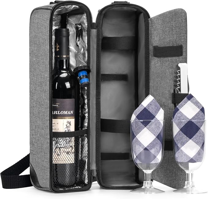 ALLCAMP Wine Bag - Insulated Cooler Bag with Wine Glasses, Bottle Opener & Wine Accessories for Wine Lovers - Portable Wine Gift Bag for Travel, Picnics, and Gift Ideas(Gray)-CubbioJoy
