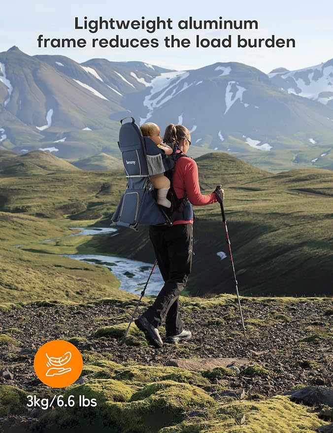 besrey Baby Backpack Carrier, Toddler Hiking Backpack with Safety 3-Height Seat, Adjustable Straps&Waist Belt, Foldable Frame Lightweight Large Capacity Child Carrier for Hiking (Blue/Grey)-CubbioJoy