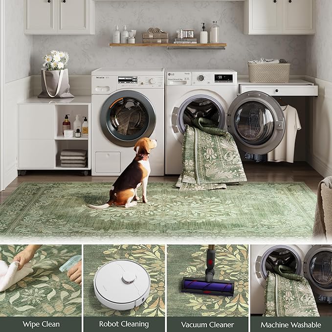 jinchan Vintage Floral Runner Rug 2x6 - Machine Washable Distressed Design Non-Slip Low-Pile Soft Thin Carpet for Hallway Kitchen Farmhouse Bedroom Entryway Laundry Room (2x6ft,Dark Green)-CubbioJoy