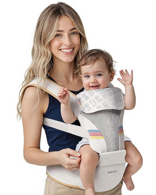 Baby Carrier with Hip Seat, BeBeBus 2-in-1 Ergonomic Newborn to Toddler Carrier up to 44 lbs, Detachable Hands-Free for Infant, All Season Forward-Facing Carry, Fits Waist Sizes up to 38 inch (White)-CubbioJoy