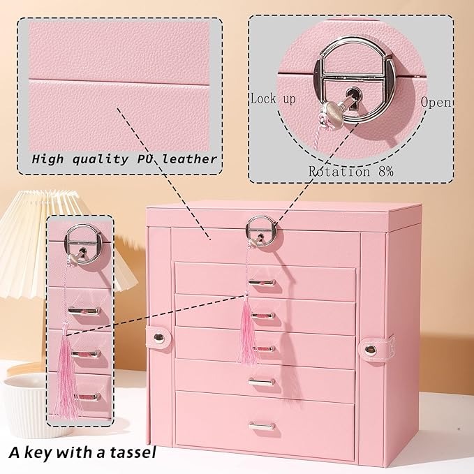 BOOVO Jewelry Box For women, 6 Layer Large Jewelry Organizer With Mirror, Multi-Function Storage Box With Lock, Accessory Holder With 5 Drawers, For Earrings Necklace Ring Bracelet (Pink)-CubbioJoy