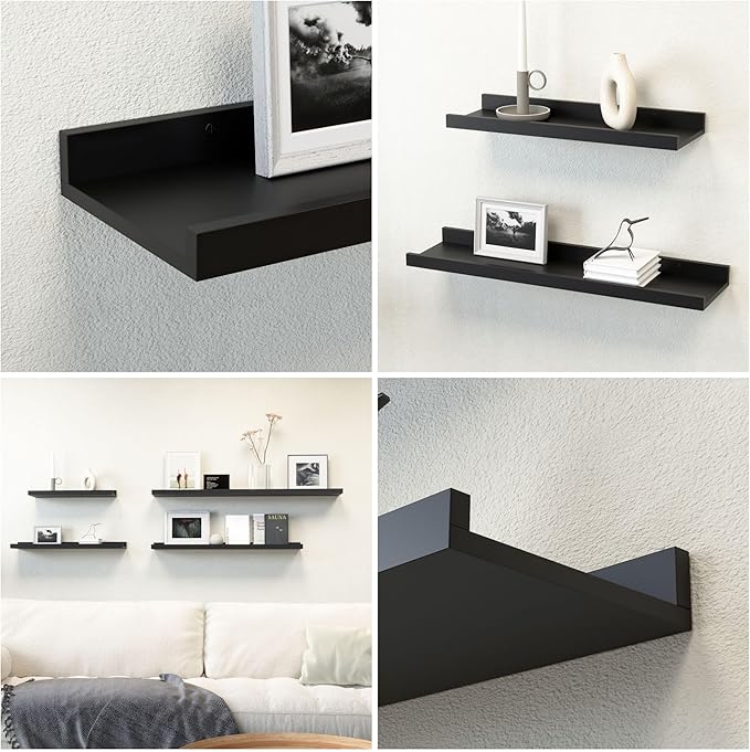 47.2 Inches Long Floating Shelves Wall Mounted, 2 Set Modern Wall Shelf for Bedroom, Nursery Book Shelf with Lip, Picture Ledge Shelf for Wall Decor Living Room Bathroom Kitchen - Black-CubbioJoy