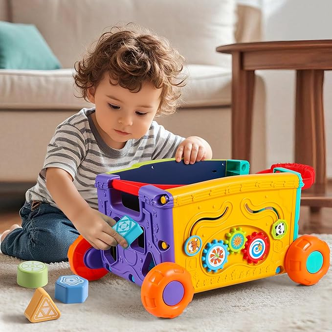 Interactive Learning Push Walker Toy for Toddlers, Musical Activity Wagon with Handle, Educational Rolling Cart with Blocks-CubbioJoy