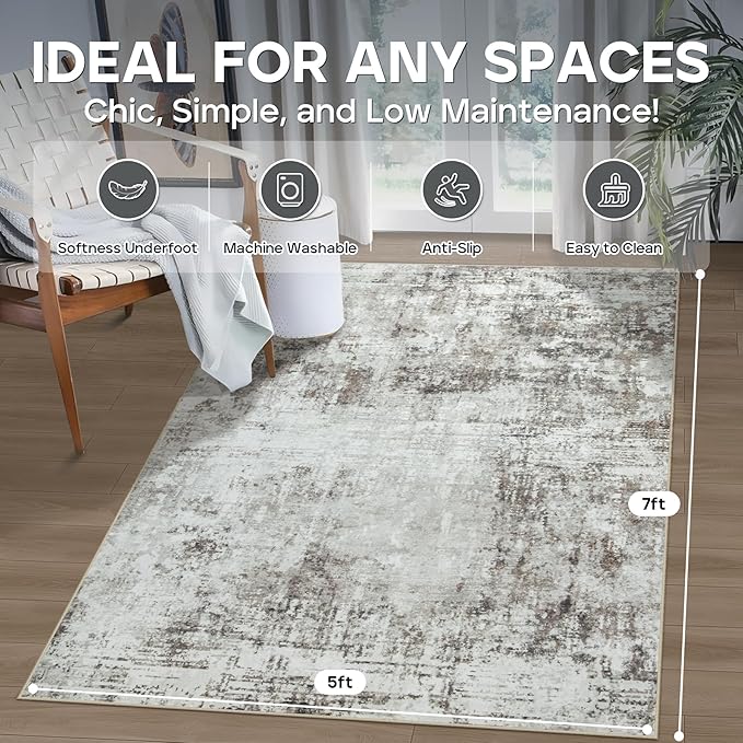 5x7 Area Rugs for Living Room Rug Washable: Modern Rug for Dining Room Bedroom Carpet Non Slip Low Pile 5 by 7 Indoor Abstract Nursery Home Office Brown Grey-CubbioJoy