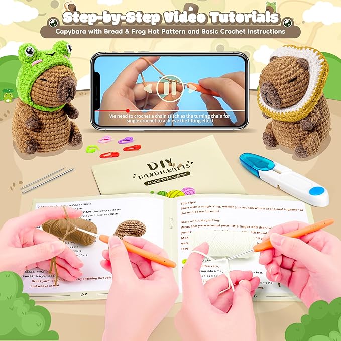 Capybara Crochet Kit for Beginners, 2PCS Capybara with Frog and Bread Hats Crochet Animal Kit with Step-by-Step Video Tutorials, Starters Crocheting Kits, Stuffed Animals Knitting Kit for Kids Adults-CubbioJoy