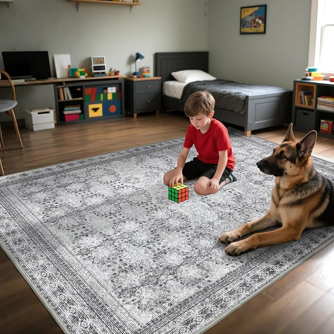 5x7 Washable Area Rug for Living Room Faded Grey, Non Slip Vintage Floral Bedroom Rugs Retro, Traditional Indoor Floor Carpet for Dining Room, Kitchen, Farmhouse, Office Classroom-CubbioJoy