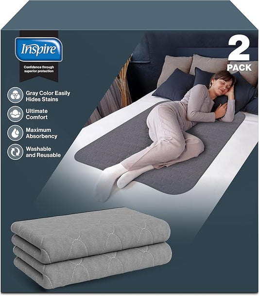 Inspire Underpads | Stain Hiding Gray Reusable Incontinence Bed Pads | Waterproof Mattress Pad | for Adults Babies and Dogs (34 X 36 - 2 Pack)-CubbioJoy