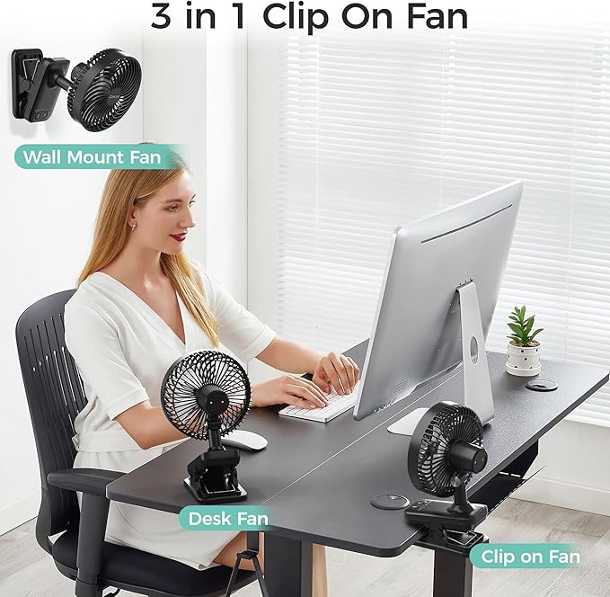 7-Inch Clip On Fan,10000mAh Rechargeable Battery Operated Desk Fan,Auto Oscillation Stroller Fan,Max 40Hrs Cooling,4 Speeds Table Fan with Sturdy Clamp for Golf Cart Office Treadmill Travel Outdoor-CubbioJoy