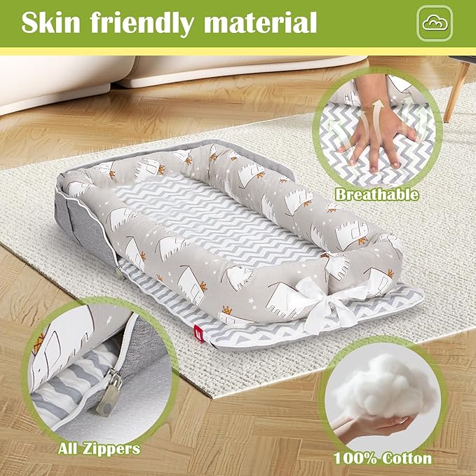 Baby Lounger for Newborn Portable Bag,Baby Lounger Play Mat for Awake-Time,Newborn Babies Essentials Gifts 0-24 Months Home Travel(Elephant Grey)-CubbioJoy