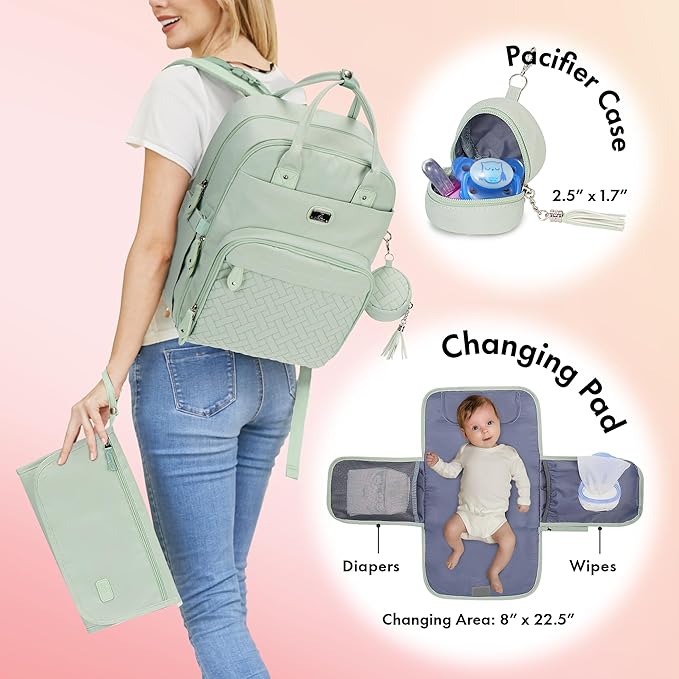 Dikaslon Diaper Bag Backpack with Portable Changing Pad, Pacifier Case and Stroller Straps, Large Unisex Baby Bags for Boys Girls, Multipurpose Travel Back Pack for Moms Dads, Mint Green-CubbioJoy