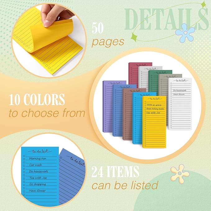 Censen 10 Pack 500 Sheets To Do List Notes Daily Checklist Notepads with 50 Sheets Each Undated Color Memo Pad Block Shopping List Pad Weekly Plan Notepad Organizer Planners(Assorted Color,Lined)-CubbioJoy