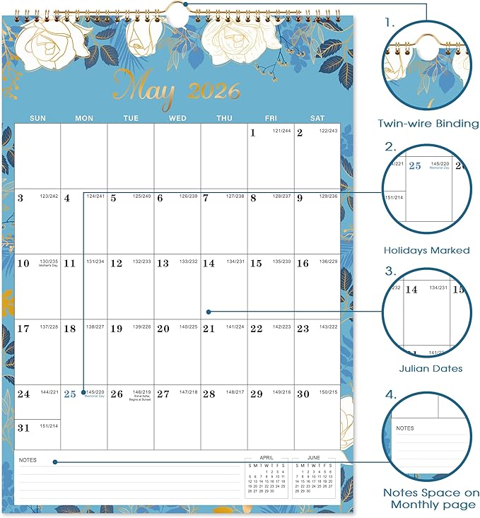 Calendar 2026 - Wall Calendar 2026, 12 x 17 In, Jan. 2026 - Dec. 2026, 12 Months Calendar 2026, Twin-Wire Binding, Hanging Hook, Thick Paper, Unruled Blocks, Julian Dates-CubbioJoy