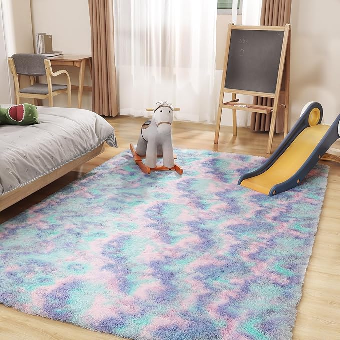4x5.8 Rainbow Rug for Girls Room, Fluffy Area Rugs for Bedroom, Colorful Kids Rug Cute Anti-Skid Indoor Carpet for Nursery, Living Room, Playroom, Home Decor-CubbioJoy