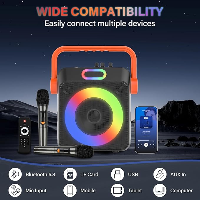 Karaoke Machine with 2 Wireless Microphones, Karaoke Machine for Adults & Kids, Portable Bluetooth Karaoke Speaker with Bass/Treble Adjustment, PA System, LED Lights, Supports TWS/USB/TF/REC/FM/AUX-CubbioJoy