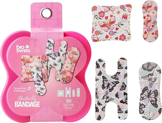 BioSwiss Bandages, Assorted Size Butterfly Print Self Adhesive Bandage, Latex Free Sterile Wound Care, First Aid Kit Supplies for Kids and Adults, 60 Count-CubbioJoy