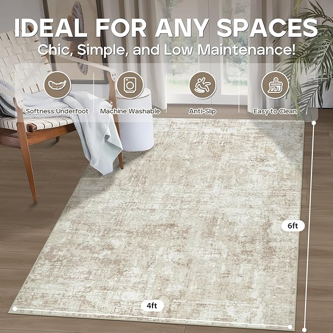 4x6 Area Rugs for Living Room Rug Washable: Modern Large Rug for Dining Room Bedroom Carpet Non Slip Low Pile 4 by 6 Indoor Abstract Nursery Home Office Beige-CubbioJoy