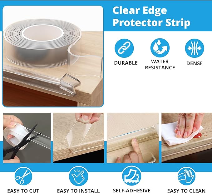 15ft Transparent Soft Edge Guard & Self-Stick Corner Protectors for Child Proofing Furniture, Glass Tables and Desk Edges - Clear Protection Solution for Baby Safety-CubbioJoy