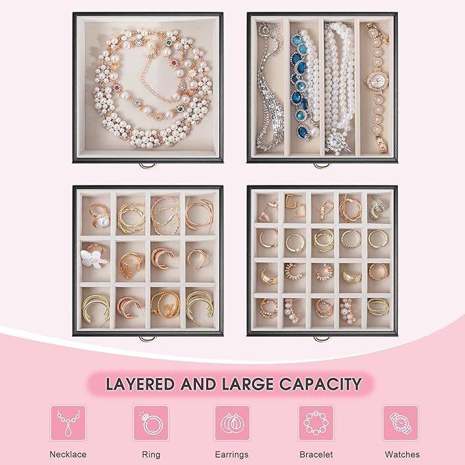 5-Layer Jewelry Box with 4 Drawers, Huge Portable Jewelry Organizer with Lock and Mirror for Women, for Necklace Ring Earring Bracelet Storage, Lockable Jewelry Case, Black-CubbioJoy