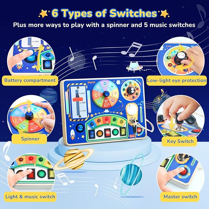 JoyCat Busy Board with Led Light, Toddler Toys for 1 2 3 4 Year Old Boys and Girls, Wooden Sensory Toys with Music, Travel Toy for Toddlers 1-3, Birthday Presents (Blue)-CubbioJoy