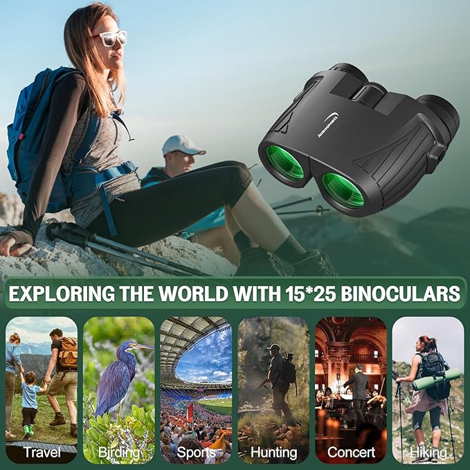 Aurosports 15x25 Compact Binoculars for Adult Kids - High Power Binoculars for Bird Watching - Easy Focus Small Binocular with Low Light Vision for Travel, Camping, Concert, Hiking-CubbioJoy