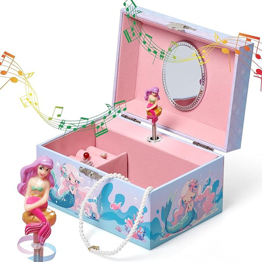 Jewelkeeper Girls Musical Jewelry Box - Durable Pine Fiberboard with Soft Pink Lining - Kids Jewelry Box - The Beautiful Dreamer Tune - Gifts for Girls - Mermaid Jewellery Box - 6x4x3.5in-CubbioJoy