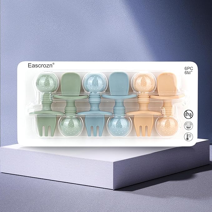 Baby Spoons and Forks Feeding Set, 6 Pack Silicone First Stage Self Feeding Toddler Utensils, BPA Free, Baby Led Weaning Supplies for Training Spoons-CubbioJoy