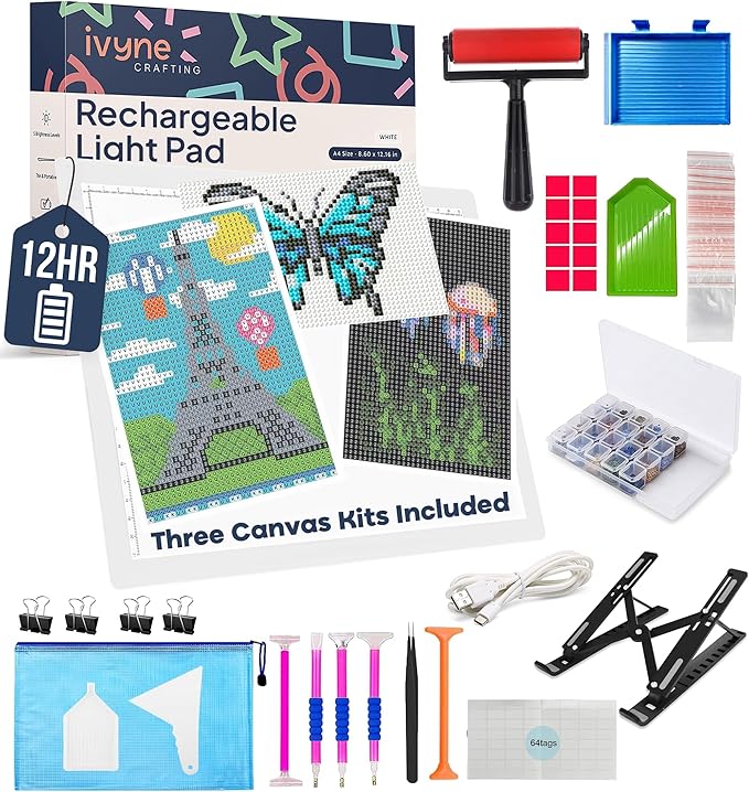 iVyne Rechargeable A4 Light Pad for Diamond Painting & Art Projects – LED Light Board with Diamond Art Accessories – Ultra-Thin & Portable Diamond Dot Light Board, Perfect for Artists - White-CubbioJoy