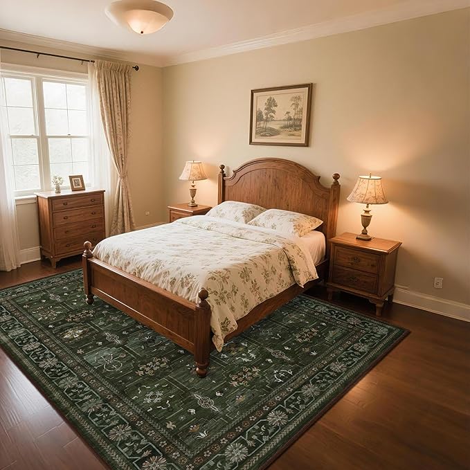 5x7 Washable Area Rug for Living Room Dining Room, Distressed Non Slip Vintage Floral Rugs for Bedroom, Traditional Indoor Floor Carpet for Dining Kitchen Farmhouse Dark Green-CubbioJoy