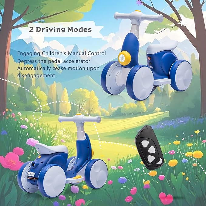 6V Electric Baby Balance Bike for 1 Year Old Boys Girls Ride on Toys 12-48 Month Toddler Balance Bike, 4 Wheels Kids First Bike with Remote Control First Birthday Gifts- Blue-CubbioJoy