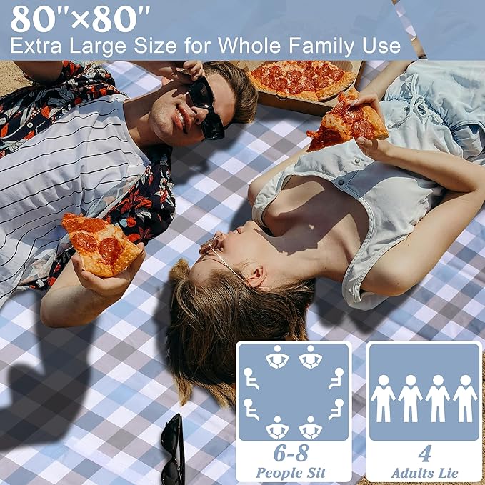 80"x80" Extra Large Waterproof Outdoor Mat - Sandproof Foldable Picnic Blanket for Family Camping, Backyard, Beach Parties - Heavy Duty & Easy Storage (Blue&Gray)-CubbioJoy