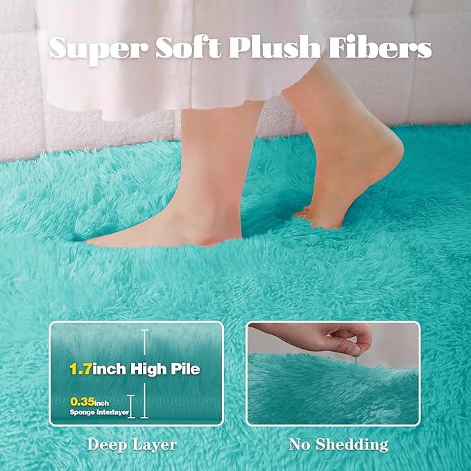 5x7 Area Rug for Living Room: Fluffy Shag Soft Washable Rugs Fuzzy Plush Indoor Carpet for Bedroom Nursery Playroom Dorm Kids Girls Boys Room (Teal Blue, 5'x7')-CubbioJoy