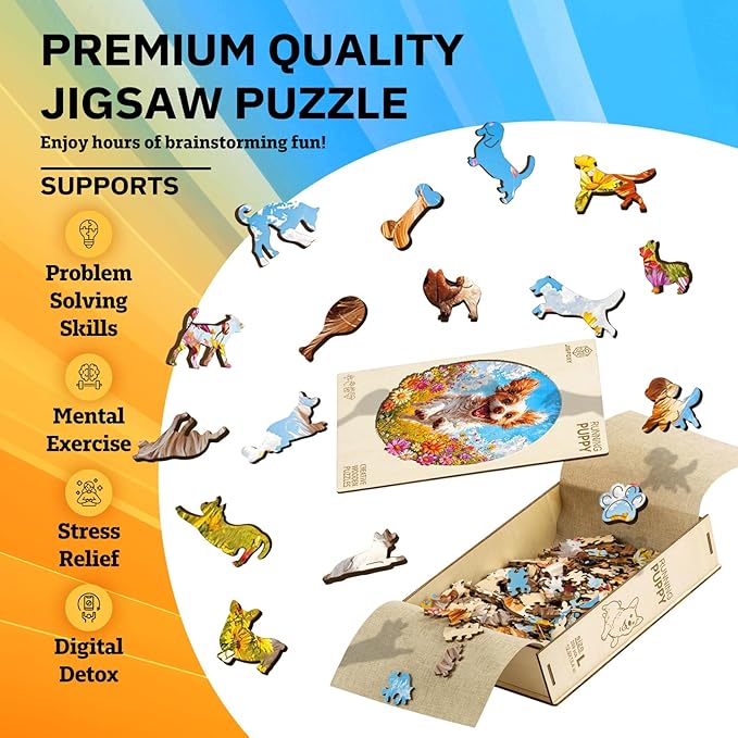 Jigfoxy Wooden Puzzles for Adults, Running Puppy Wood Puzzles Adult, Unique Animal Shape Wooden Jigsaw Puzzles for Adults, Birthday Gifts for Puzzle Lovers, Family, Friend (S-8 * 8.3in-108pcs)-CubbioJoy