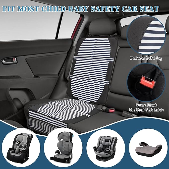 Car Seat Protector for Child Car Seat, 2 Pack Baby Car Seat Covers with Mesh Pockets & Non-Slip Backing 600D Durable Seat Protector Under Baby Car Seat for Car Back Seat (Stripe, Large)-CubbioJoy