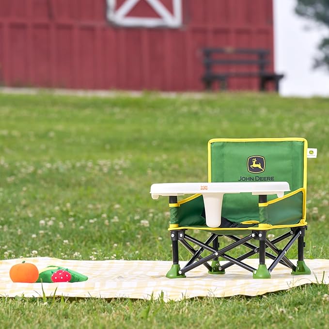 Bright Starts John Deere Pop 'N Sit Portable Booster Chair, Floor Seat, Indoor/Outdoor Use, Compact Fold, Green and Yellow, 6 Mos - 3 Yrs-CubbioJoy