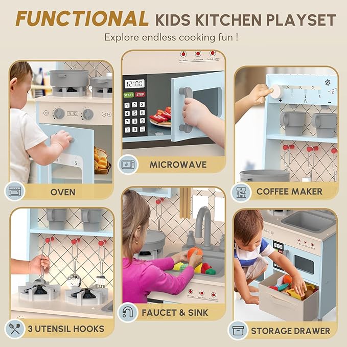 BIERUM Play Kitchen with Realistic Lights & Sounds, Wooden Kitchen Playset Chef Pretend Play Set for Toddlers, Toy Kitchen with 26 Pcs Toy Food & Cookware Accessories, Gift for Ages 3+-CubbioJoy