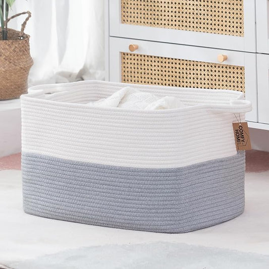 COMFY-HOMI Large Rectangle Laundry Storage Basket | Cotton Rope Woven, Organizing with Handle | Dirty Cloth & Baby Shower Basket | 22x15x12' - White/Grey-CubbioJoy