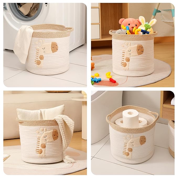 INough Toy Storage Baskets Woven Cotton Rope Storage Basket for Kids, Blanket Baskets for Living Room Toys Organizer with Embroidery Decor, Cute Baskets with Handle for Nursery, Playroom (Giraffe)-CubbioJoy