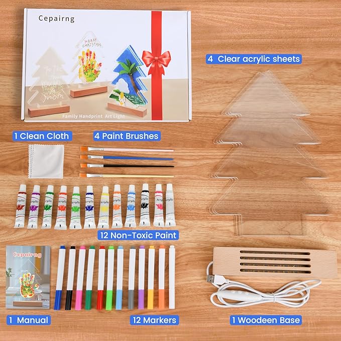 Cepairng 4-Layer Christmas Tree Family Handprint Kit with Light,New Parents Gift for Couples,Baby Shower Gifts for Mom Dad,First Birthday Gifts for Girls Keepsake Boys Personalized(Wood Color)-CubbioJoy