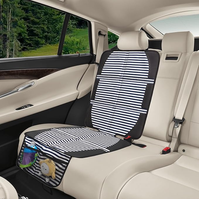 Car Seat Protector for Child Car Seat, 2 Pack Baby Car Seat Covers with Mesh Pockets & Non-Slip Backing 600D Durable Seat Protector Under Baby Car Seat for Car Back Seat (Stripe, Large)-CubbioJoy