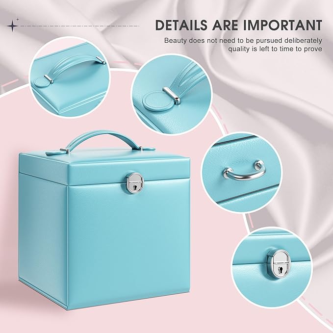 5-Layer Jewelry Box with 4 Drawers, Huge Portable Jewelry Organizer with Lock and Mirror for Women, for Necklace Ring Earring Bracelet Storage, Lockable Jewelry Case, Blue-CubbioJoy