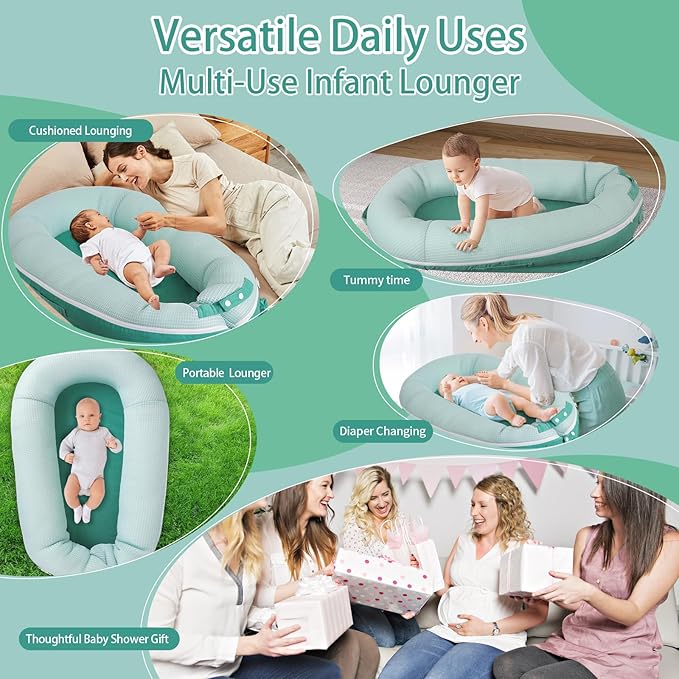 Baby Lounger, Deluxe Infant Lounger, Baby Nest Cover for Baby, Breathable Cotton, Adjustable Baby Floor Seat for Tummy Time, Newborn Essentials for Baby 0-12 Months (Greener)-CubbioJoy