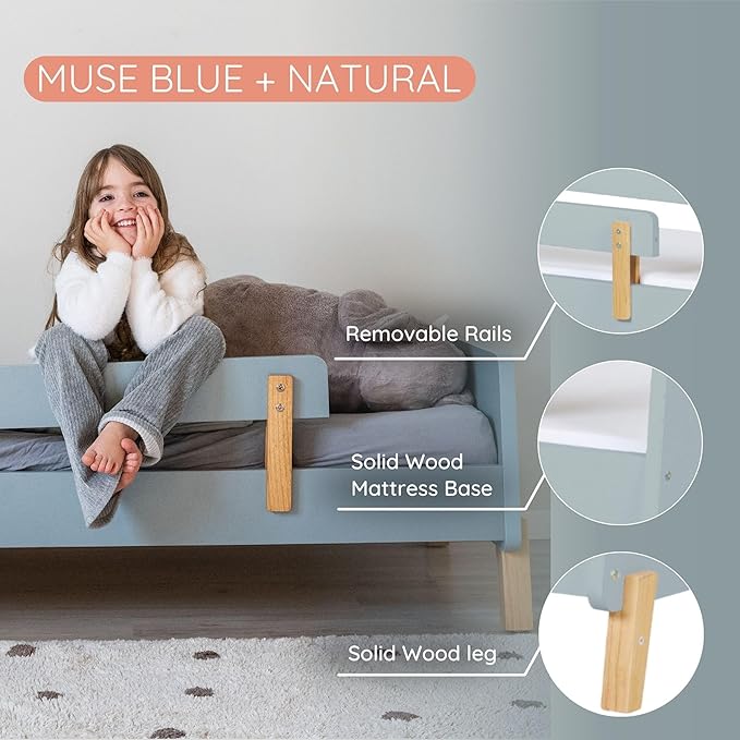 dadada Muse Blue Toddler Bed with 2 Removable Safety Rails. Low Profile Montessori Bed. Sturdy Solid Wood Frame, Fits Standard Crib Mattress, Easy to Assemble, Toddler Bed for Boys & Girls - Blue-CubbioJoy
