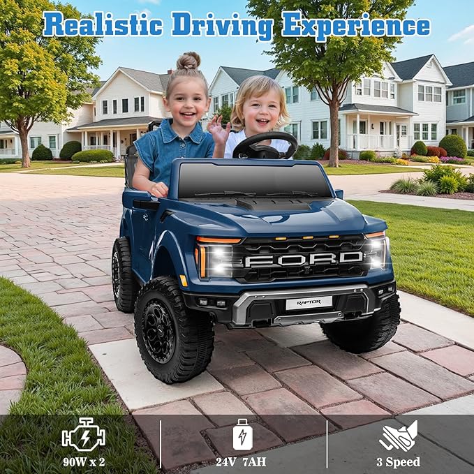24V Ride on Car Licensed Ford F-150 Raptor, Kids Electric Car with Remote Control, LED Light/Music/MP3, Truck Bed Storage, 3-Point Seat Belt (24V, Blue)-CubbioJoy