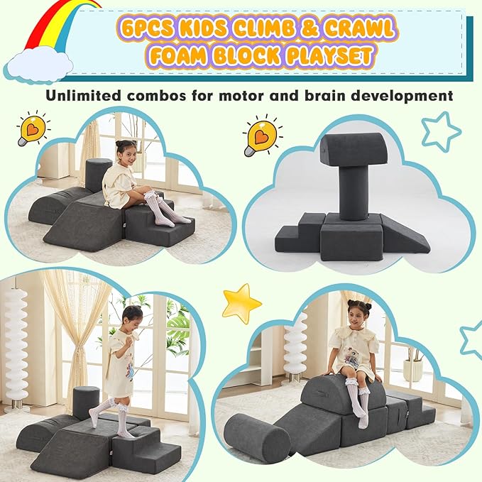 jela Foam Blocks 6Pcs Soft Play Equipment Luxury Miss Fabric, Toddler Climbing Toys Indoor Soft Play Climbing for Toddlers, Lightweight Climbing Blocks for Babies, Kids, Climb and Crawl Foam Playset-CubbioJoy