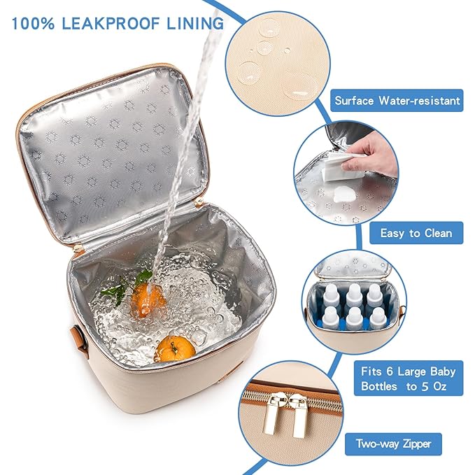 Breastmilk Cooler Bag with Ice Pack Fits 6 Baby Bottles Up to 5 Ounce, Baby Bottle Bag with Shoulder Strap for Nursing Mom Daycare, Cream-CubbioJoy
