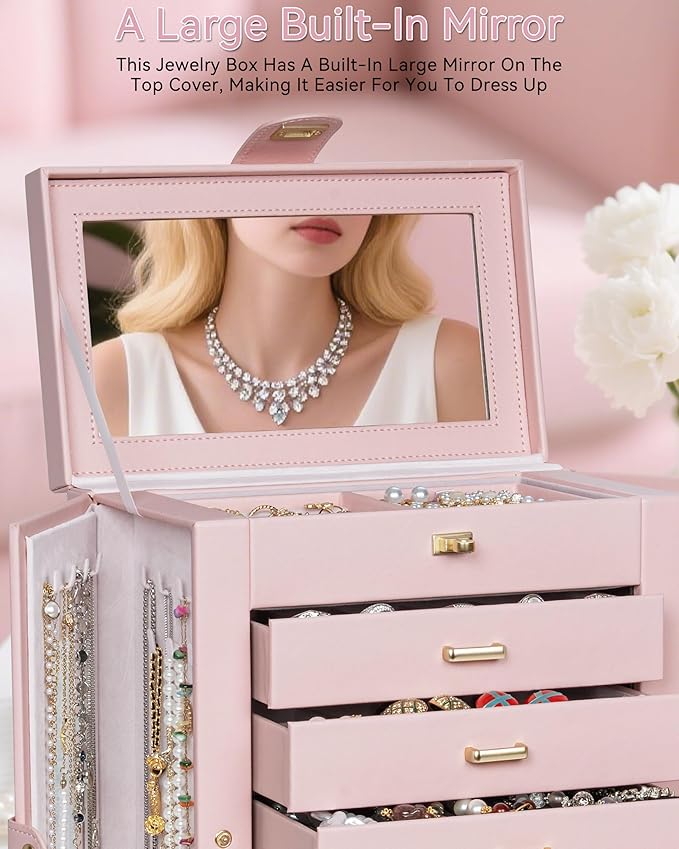 AKOZLIN 360° Rotating Jewelry Box 6-Tier Organizer Functional Jewelry Storage Case for Women Girls Ring Necklace Earring Bracelet Holder with Mirror Pink-CubbioJoy