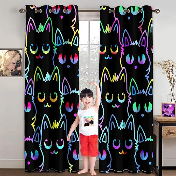 Cat Blackout Curtains for Girls - 2Pcs Cute Cartoon Cat Patterns Curtain Panels for Girls Bedroom Lovely Cats Drapes Darkening Window Curtain for Living Room Bedroom, 82" x 84"-CubbioJoy